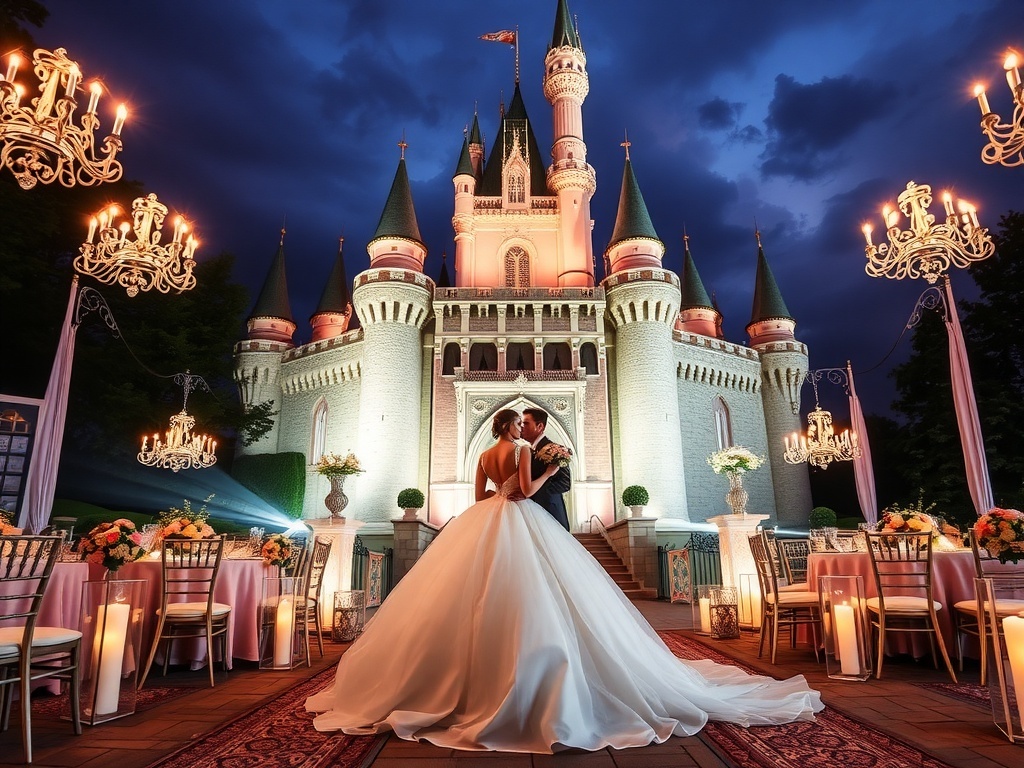 A couple embracing in front of a fairytale castle, surrounded by elegant decor.