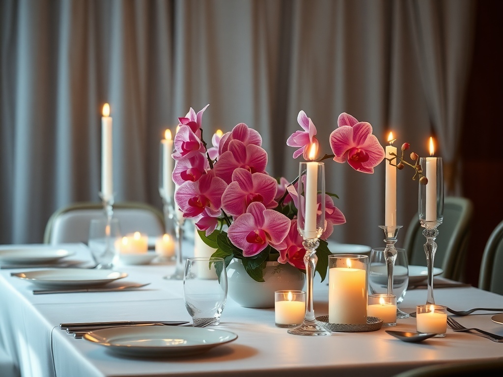 A beautifully set table featuring pink orchids and candles for a romantic atmosphere.