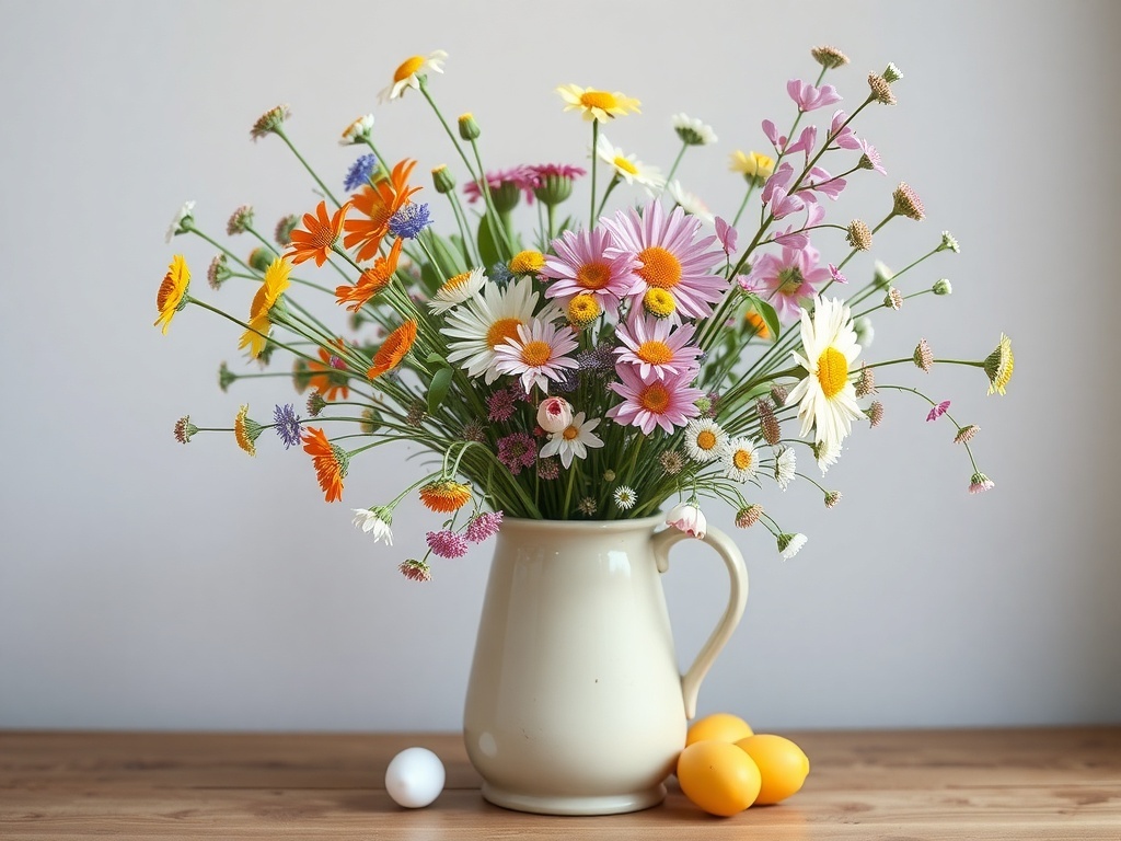 A whimsical wildflower arrangement in a vintage jug with colorful flowers and decorative eggs.