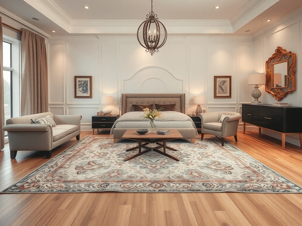 A luxurious master bedroom featuring a plush rug, elegant furniture, and warm lighting.