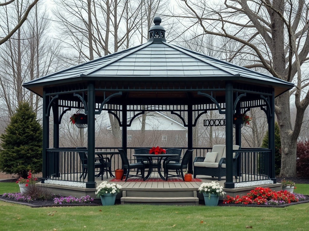 A modern black and grey gazebo surrounded by flowers and trees.