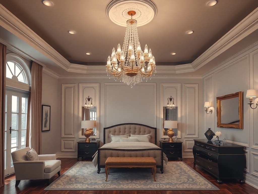 A luxurious master bedroom featuring an elegant chandelier as a focal point.