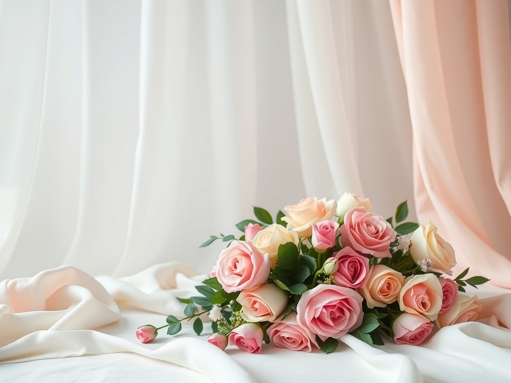 A bouquet of soft pink and cream roses on a draped fabric background.