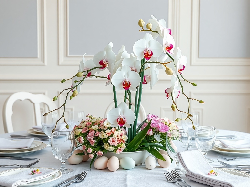 Elegant orchid centerpiece with pink flowers and decorative eggs on a dining table.
