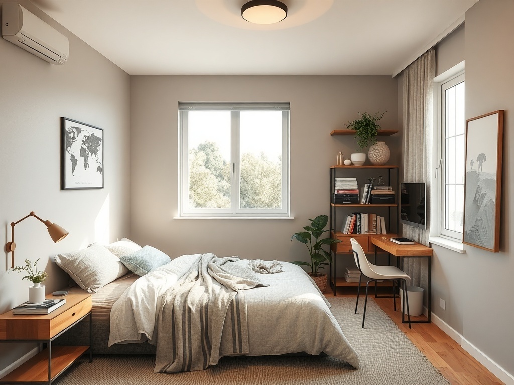 A minimalistic greige small space bedroom featuring a bed, desk, and bookshelf.