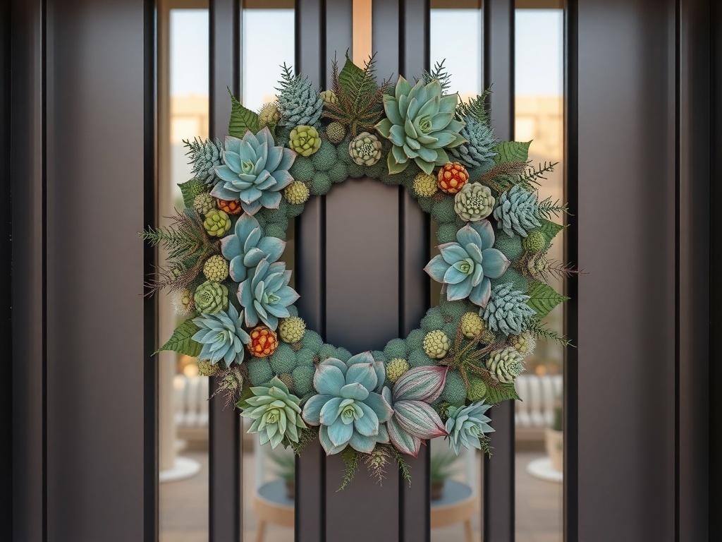 A modern wreath made of succulents and cacti hanging on a front door.