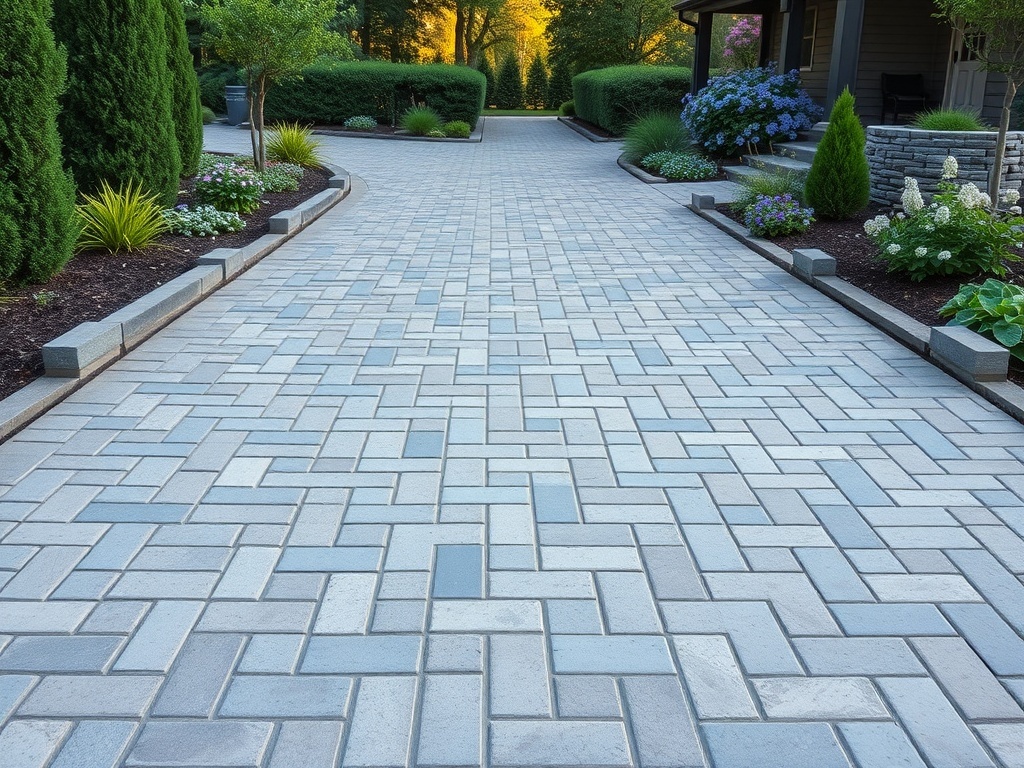 A driveway made of eco-friendly permeable pavers surrounded by greenery.