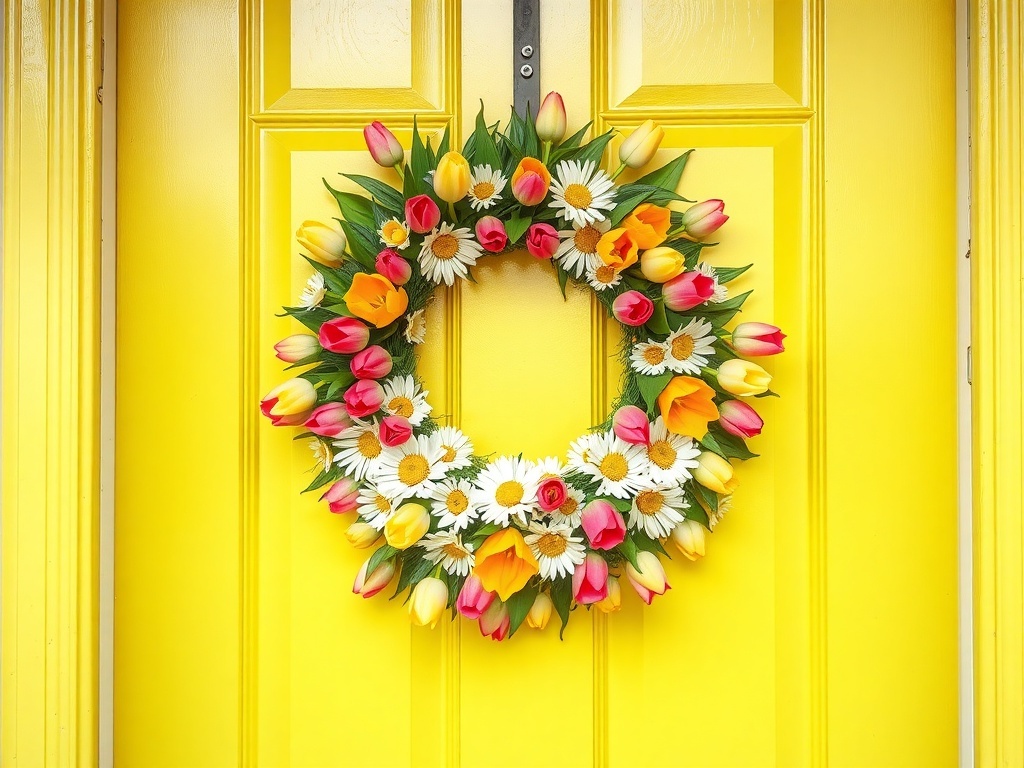 A colorful wreath made of tulips and daisies hanging on a yellow door.