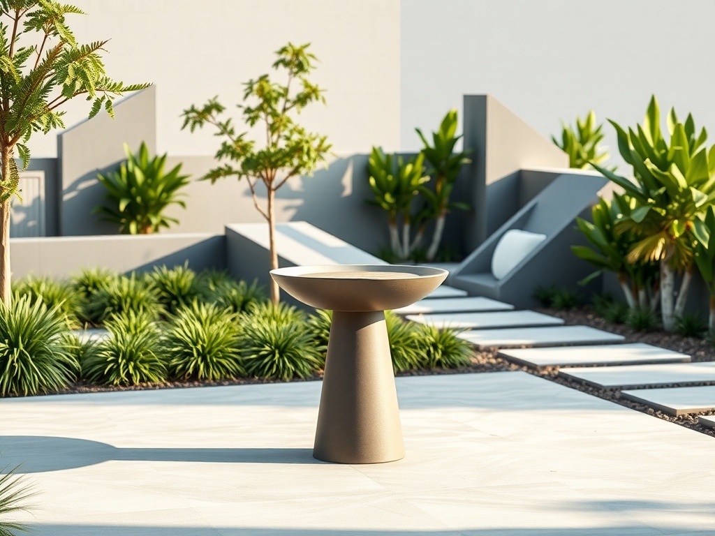 A modern minimalist bird bath in a landscaped garden with greenery and pathways.