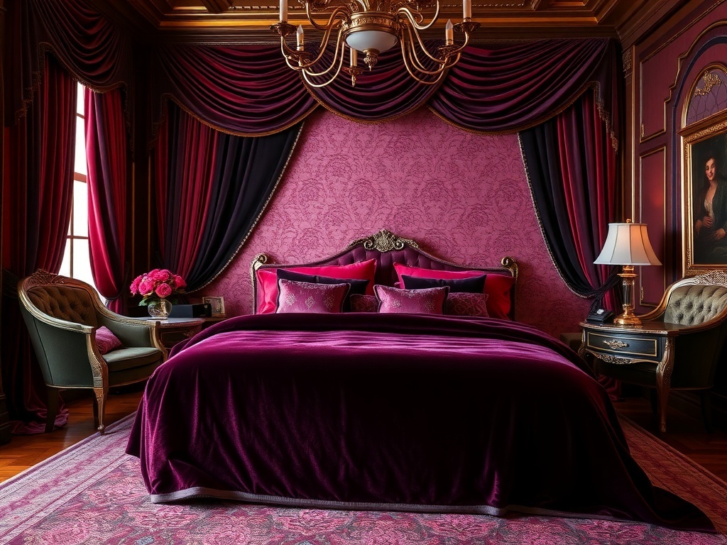 A luxurious master bedroom featuring velvet accents in rich colors.