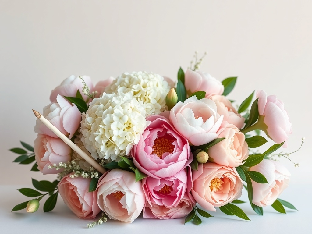 A beautiful floral arrangement featuring hydrangeas and peonies in soft pink and white colors.