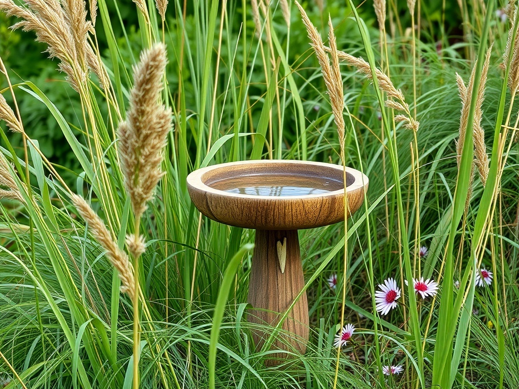Rustic wooden bird bath surrounded by tall grass and flowers.