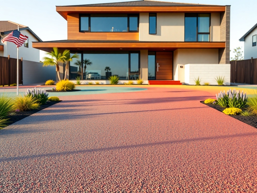 A modern home with a colorful asphalt driveway featuring shades of red and blue, surrounded by greenery.