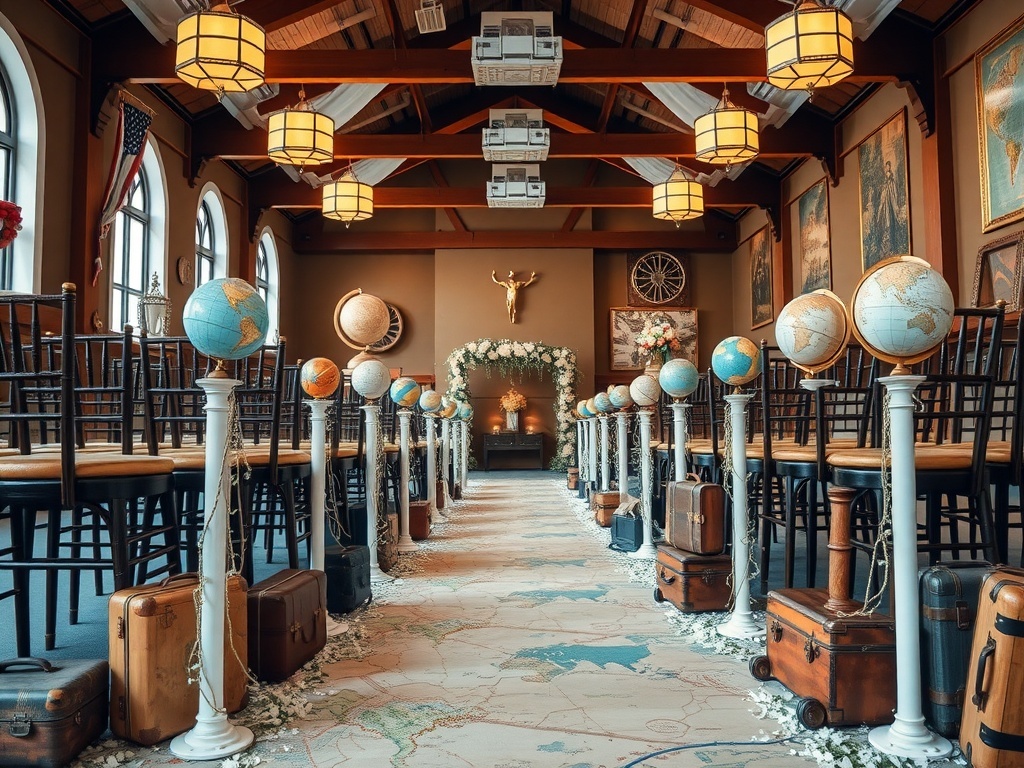 A cozy setup featuring vintage suitcases, globes, and a world map, perfect for a travel-themed wedding.