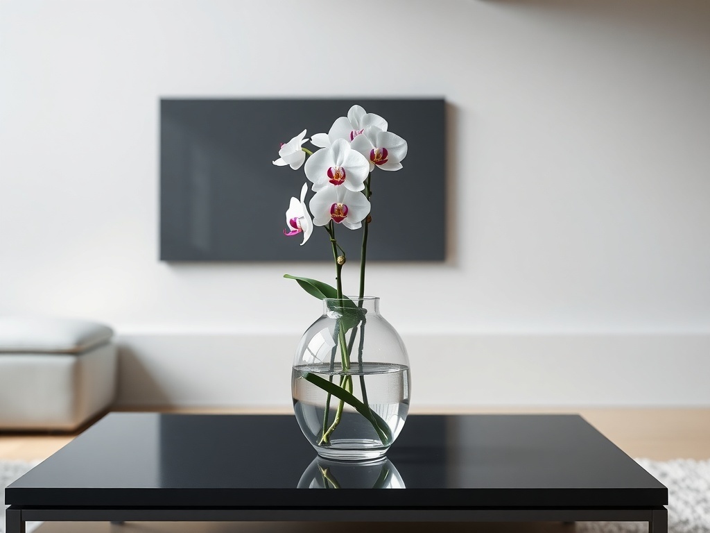 A minimalist orchid bouquet in a glass vase on a black table.