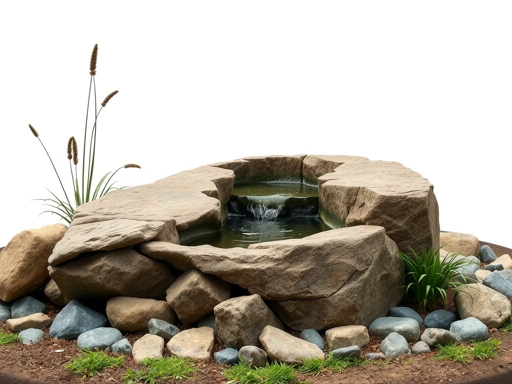 Natural rock bird bath with water feature surrounded by stones and plants.