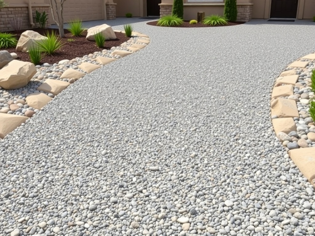 A beautifully designed gravel driveway with decorative stones and plants.