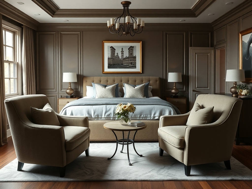 Cozy seating area in a luxury master bedroom with two chairs and a small table.