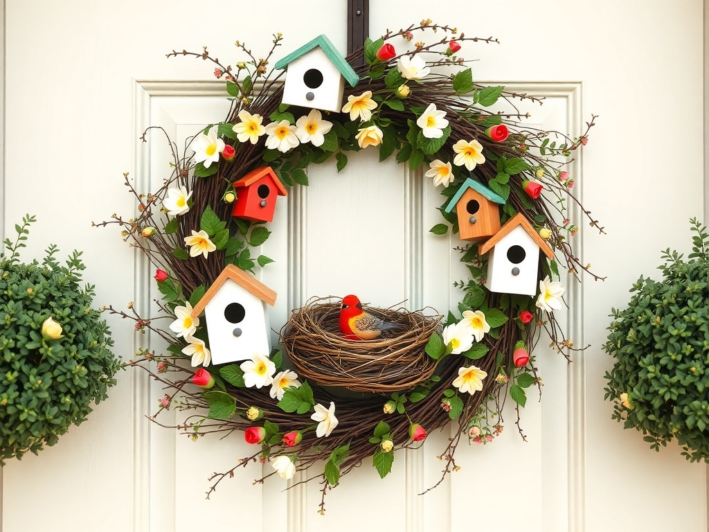 Spring-themed wreath with birdhouses and a nest, adorned with flowers.