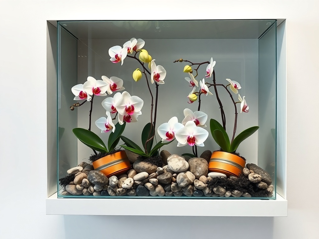 A glass terrarium featuring white and yellow orchids, surrounded by pebbles.