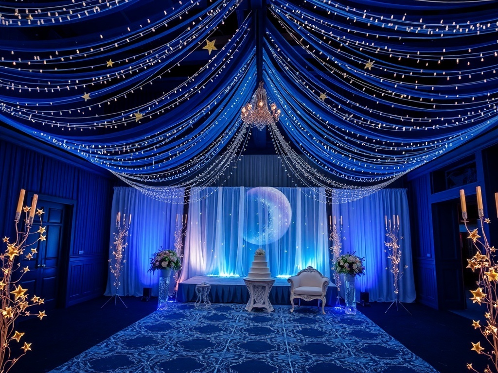 A beautifully decorated wedding venue with blue drapes, twinkling lights, and star motifs.