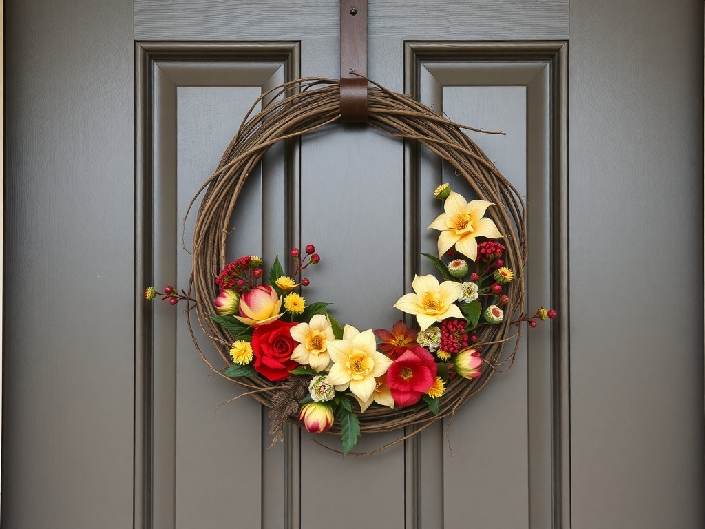 Natural grapevine wreath with colorful seasonal flowers on a door.