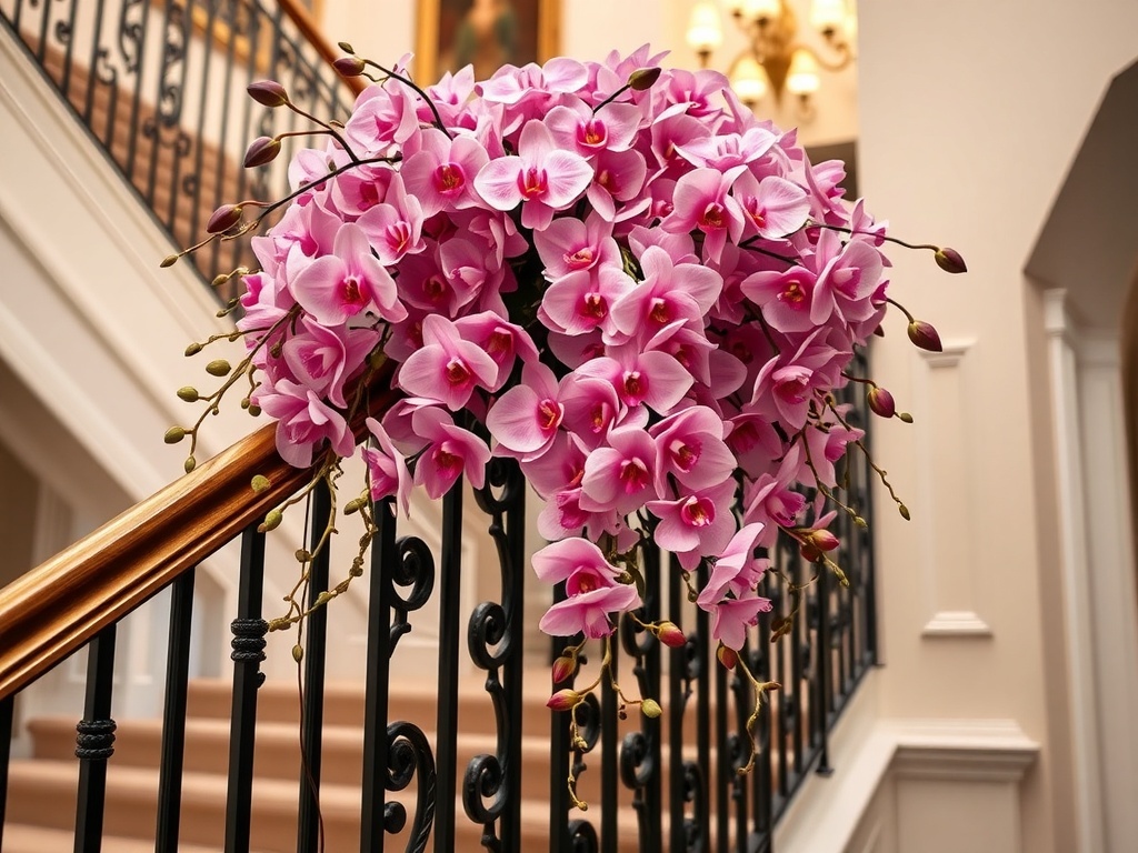 A beautiful cascade of pink and white orchids hanging elegantly over a staircase railing.
