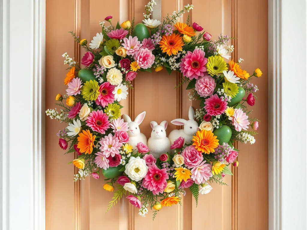 A colorful Easter floral wreath featuring flowers and bunny decorations.