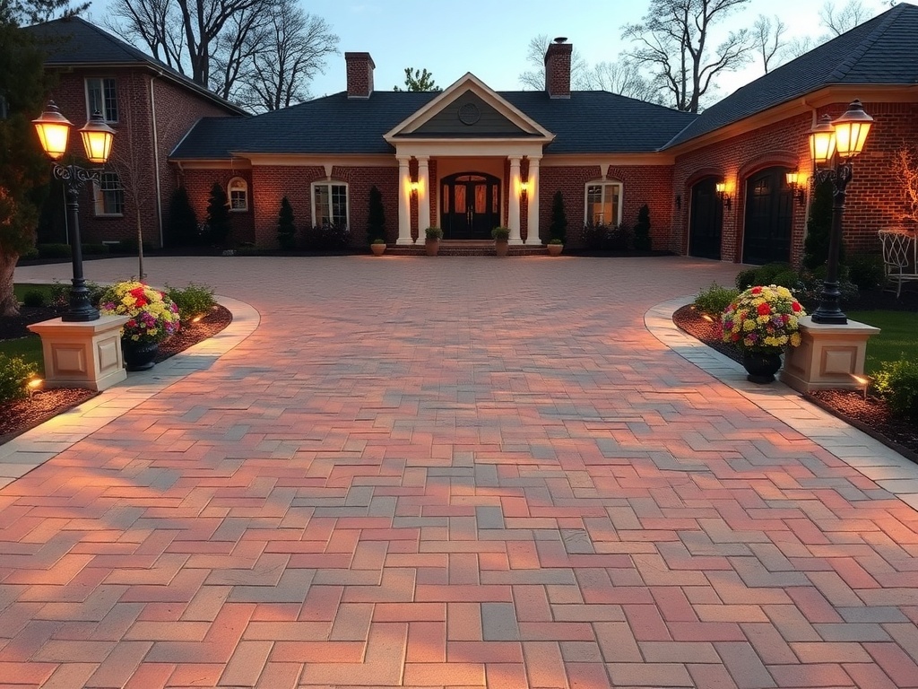 A beautifully designed brick driveway with warm colors and charming patterns.