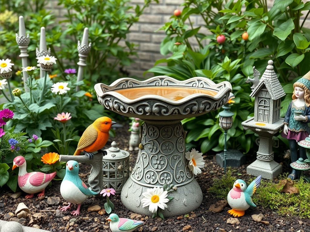 A whimsical bird bath surrounded by colorful flowers and playful decorations.