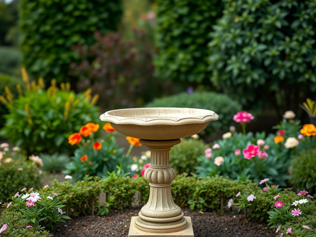 A classic pedestal bird bath surrounded by vibrant flowers in a garden.