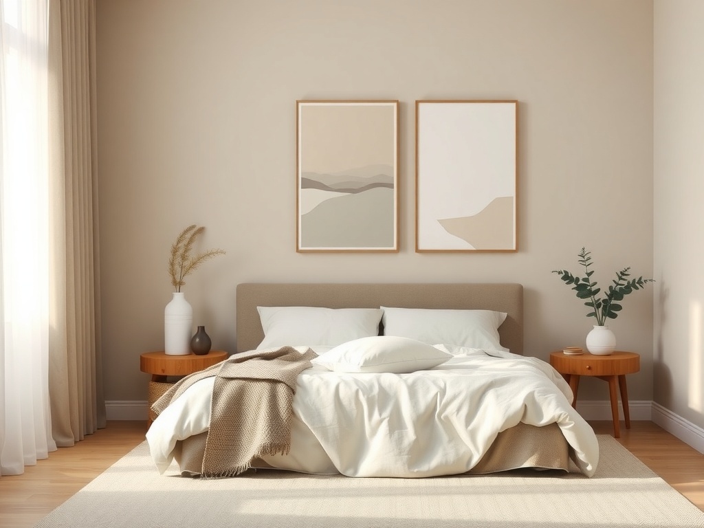 Minimalistic bedroom with soft wall decor and plants.