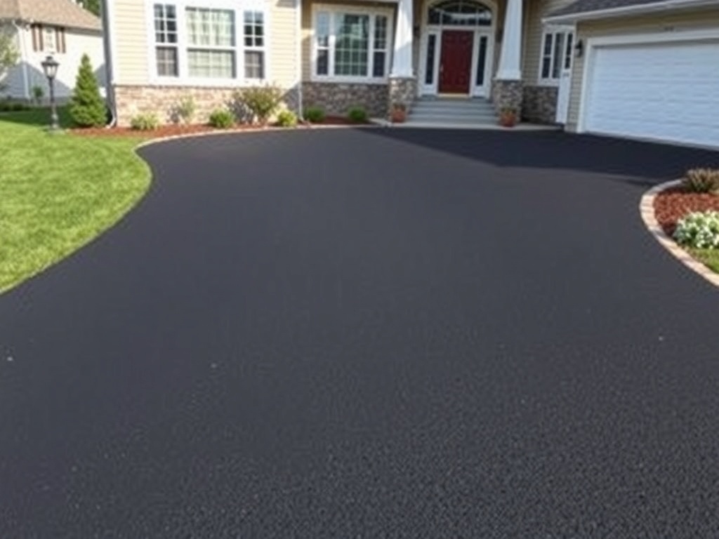 A freshly resurfaced asphalt driveway leading to a home.