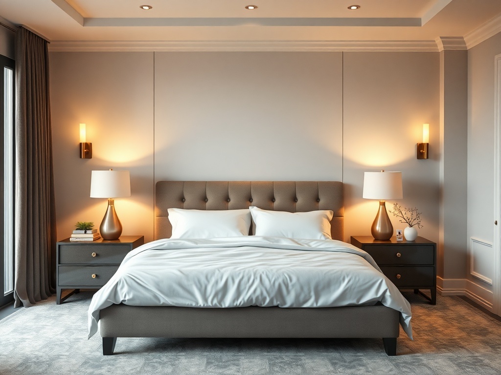 A luxurious master bedroom featuring soft mood lighting with bedside lamps and wall sconces.