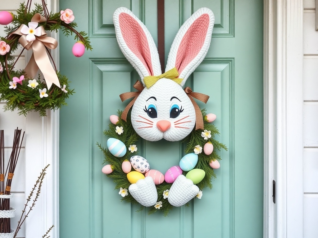 Whimsical bunny wreath with colorful eggs on a front door.