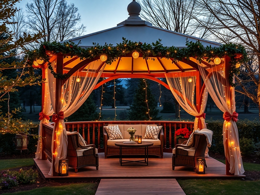 A beautifully lit backyard gazebo adorned with fairy lights and floral decorations.