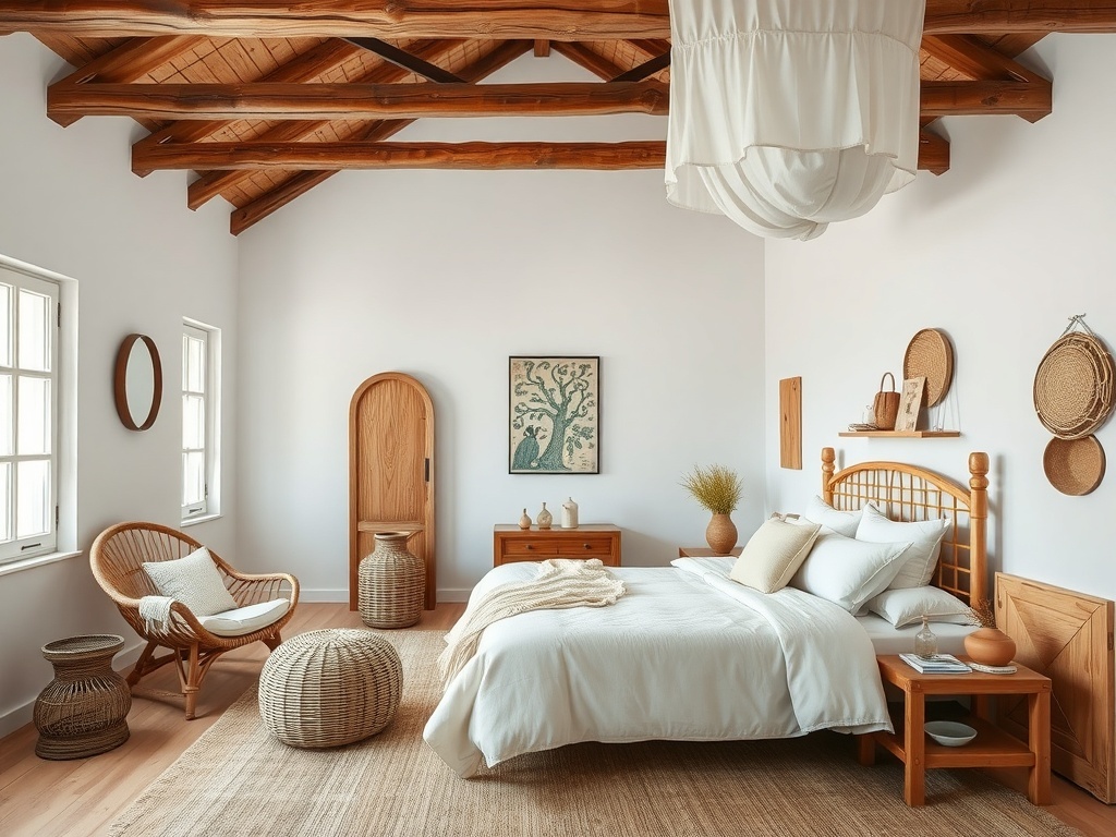 A bright coastal bedroom decorated with natural materials like wood, wicker, and soft textiles.