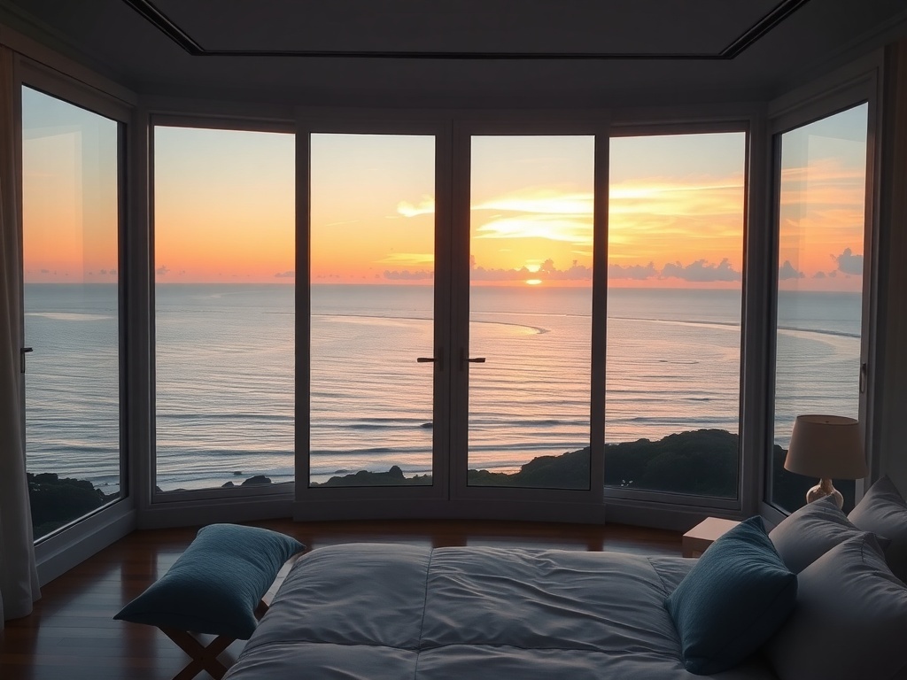 A coastal bedroom with floor-to-ceiling windows showcasing a stunning ocean sunset.