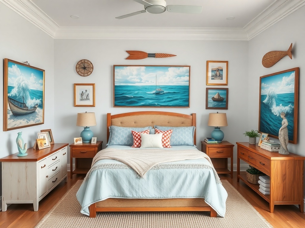 A beautifully decorated coastal bedroom with ocean-themed artwork and decor elements.