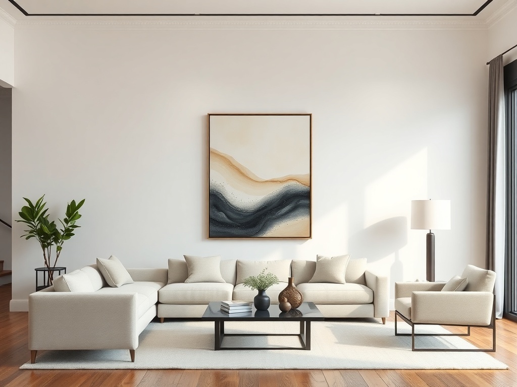 Elegant minimalist artwork in a neutral living room setup.