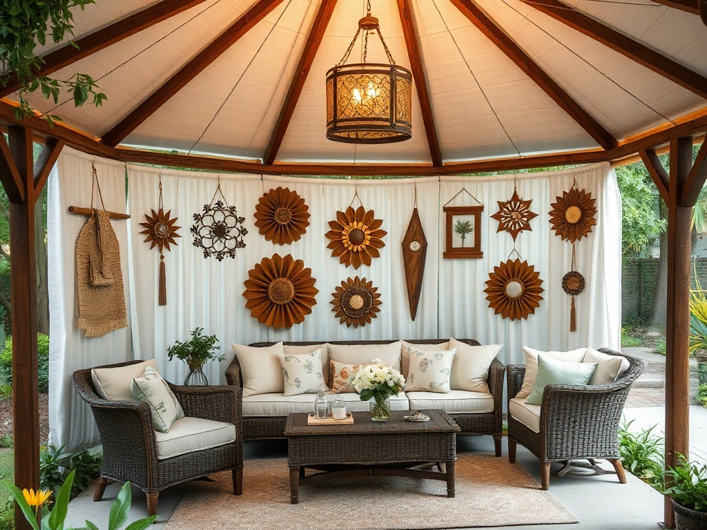 A decorative gazebo adorned with artistic wall hangings and lush greenery.