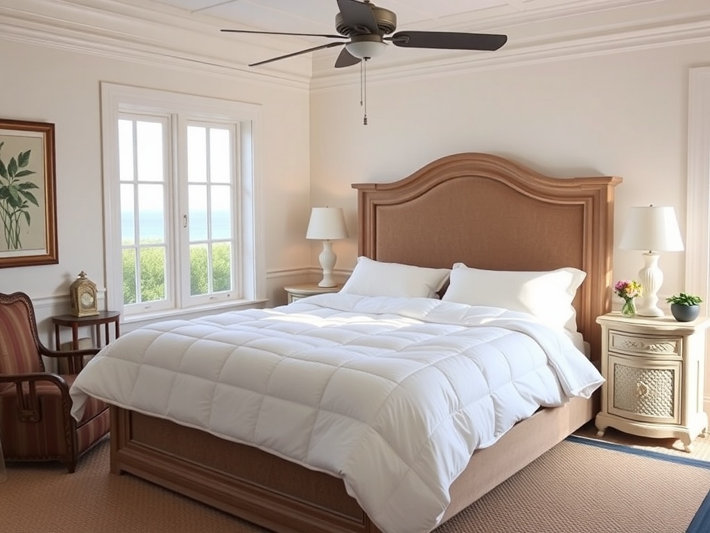 A beautifully styled coastal bedroom with a large bed, fluffy bedding, and large windows showcasing a view of the beach.