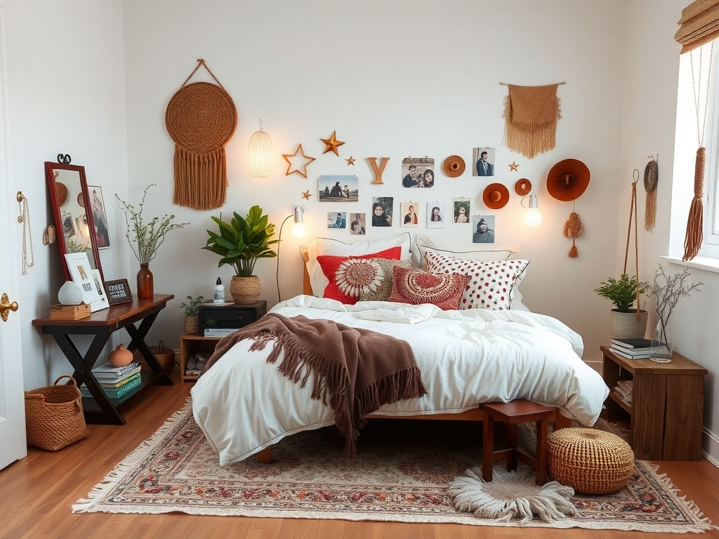 Cozy boho bedroom with personalized decor accents including photos and crafts.