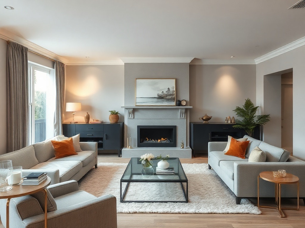 A stylish living room with neutral decor and subtle metallic accent features.