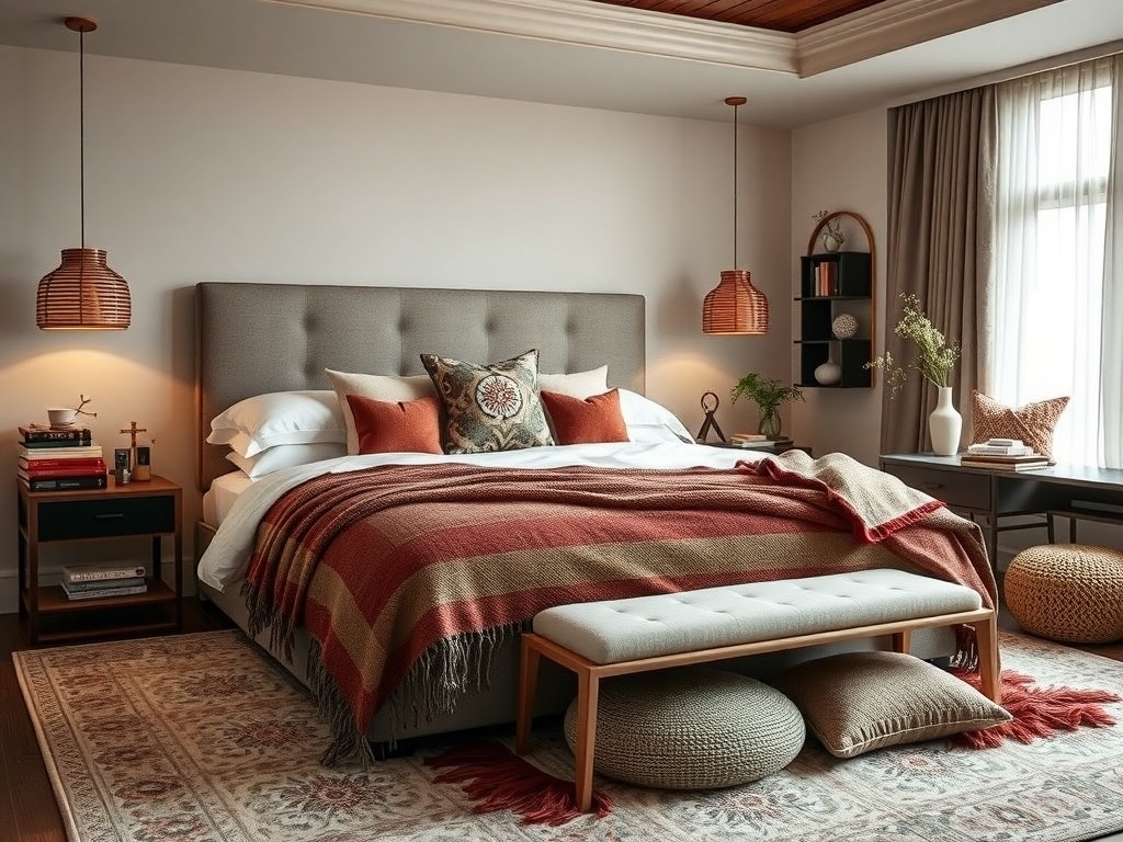 Cozy boho bedroom with layered textiles including warm blankets and textured pillows.