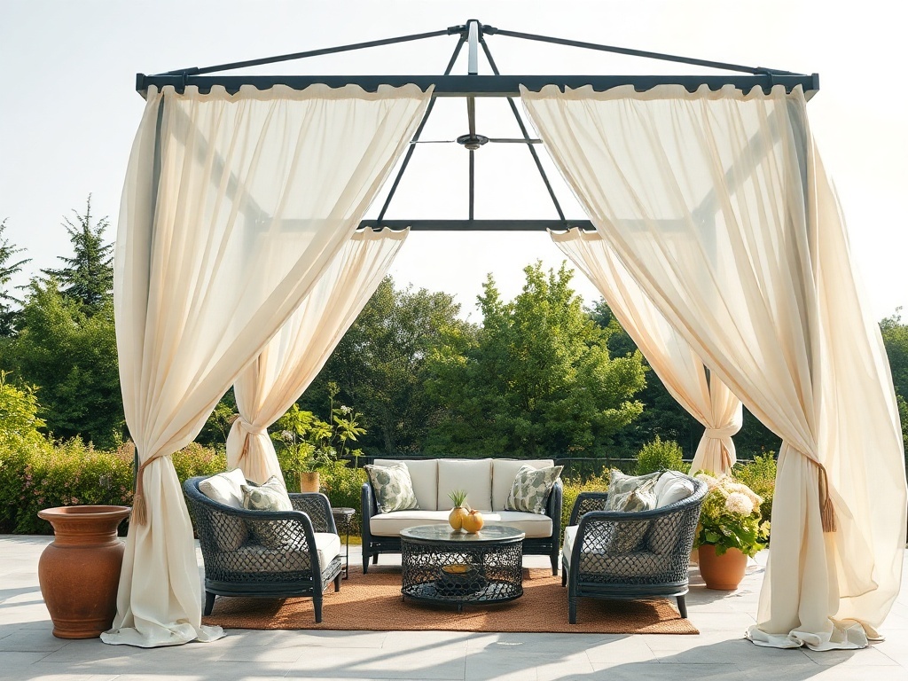 A dreamy backyard gazebo with soft drapery panels flowing elegantly