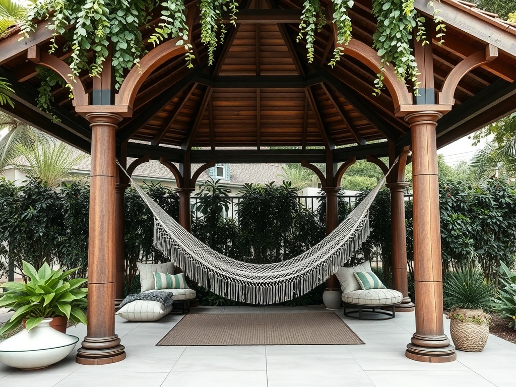 A cozy hammock in a wooden gazebo surrounded by lush greenery.