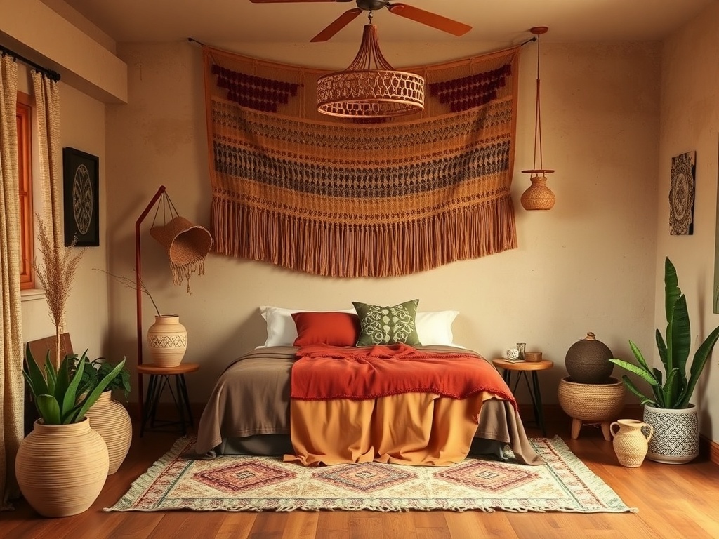 A cozy boho bedroom featuring earthy color palettes and textured layers.