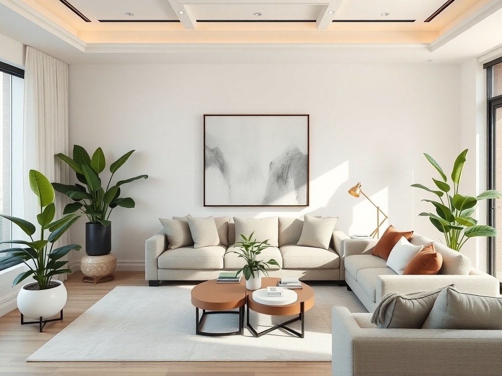A modern living room with various indoor plants, a comfortable gray sofa, and a cozy vibe.