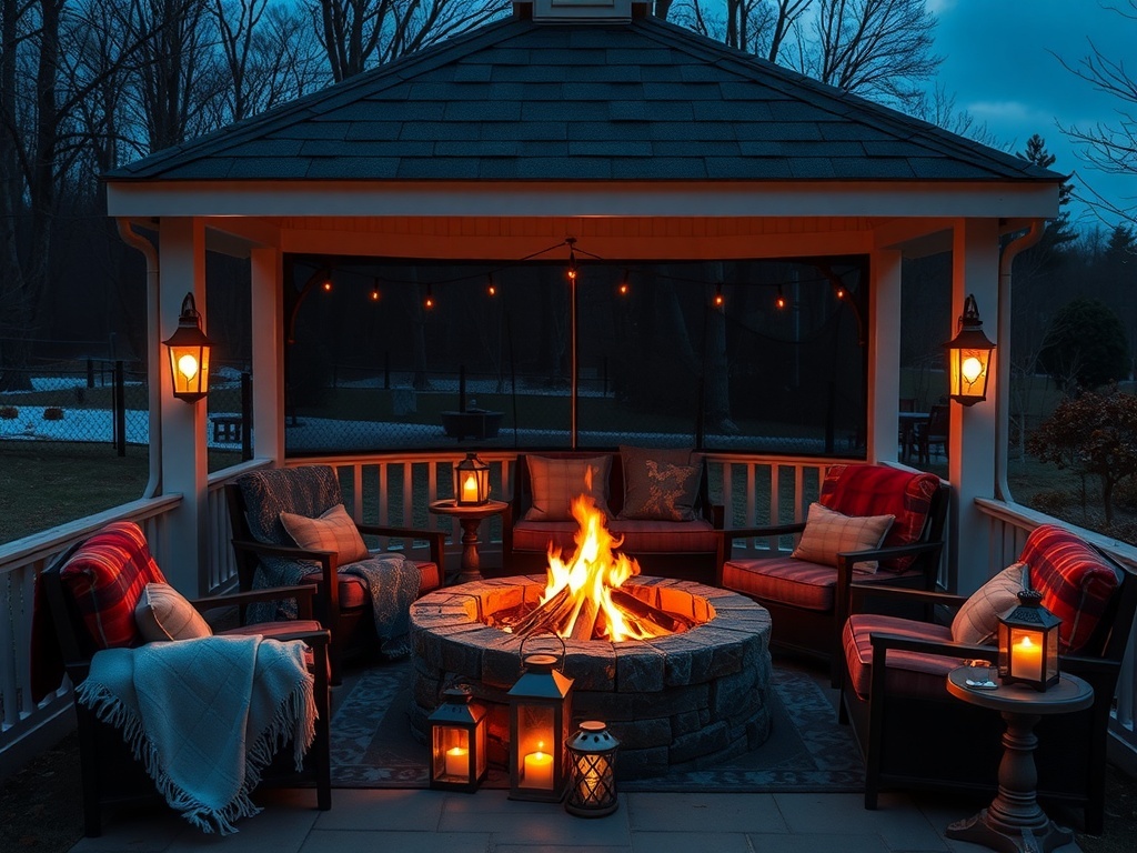 Cozy fire pit corner with seating and glowing lanterns in a gazebo